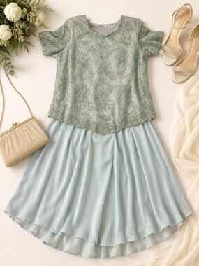 Roaman’s Vintage 2 Piece Silk Beaded Skirt Set 22W Mint Green Formal